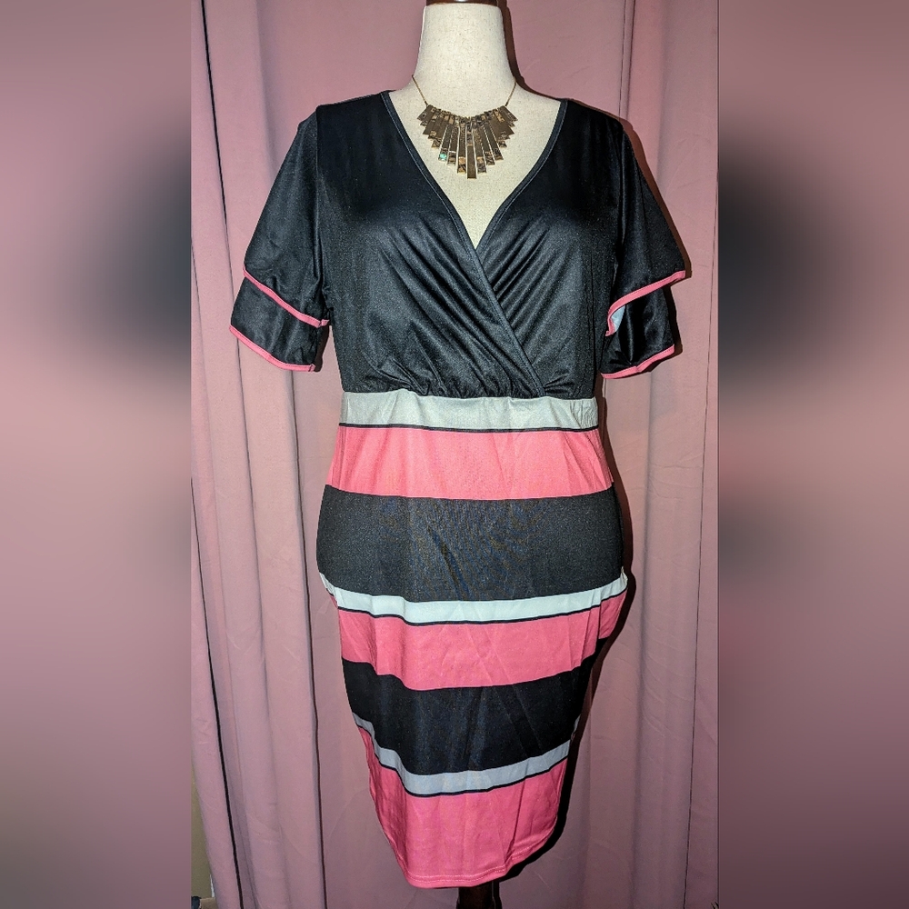 SHEIN Colorblock V-Neck Faux Wrap Midi Dress 16/2XL